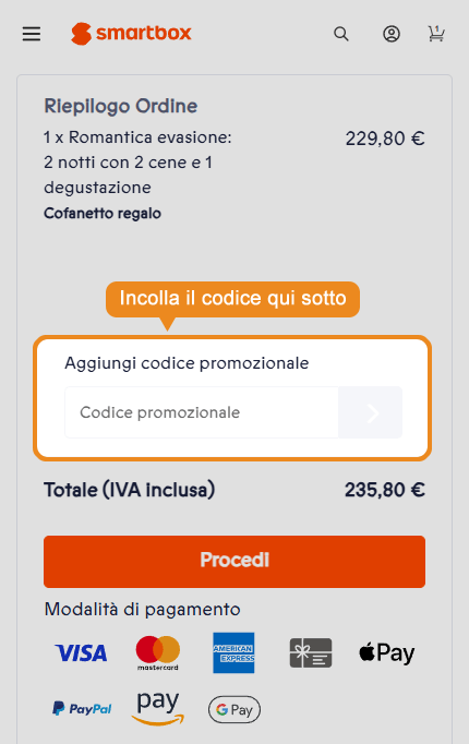 Dove inserire il codice sconto Smartbox