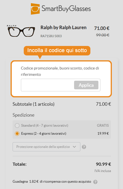 Dove inserire il codice sconto SmartBuyGlasses