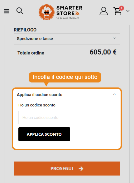 Dove inserire il codice sconto Smarter Store