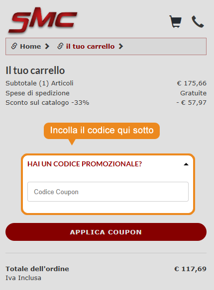 Dove inserire il codice sconto Ricambi SMC