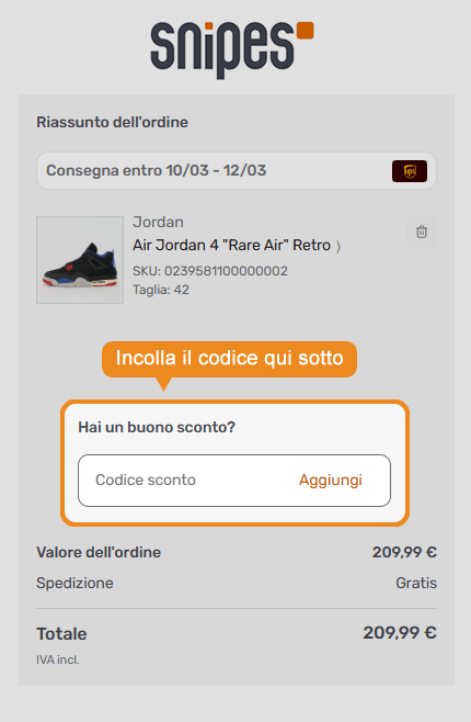 Dove inserire il codice sconto Snipes