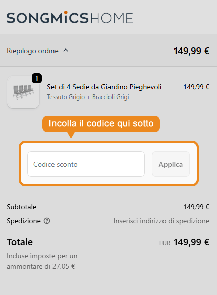 Dove inserire il codice sconto Songmics