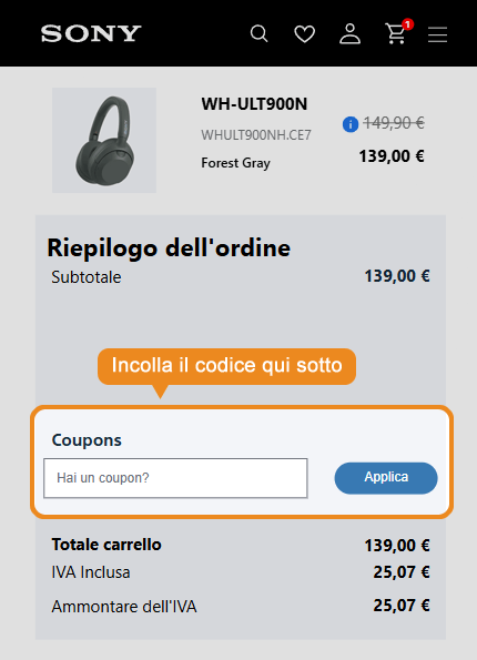 Dove inserire il codice sconto Sony