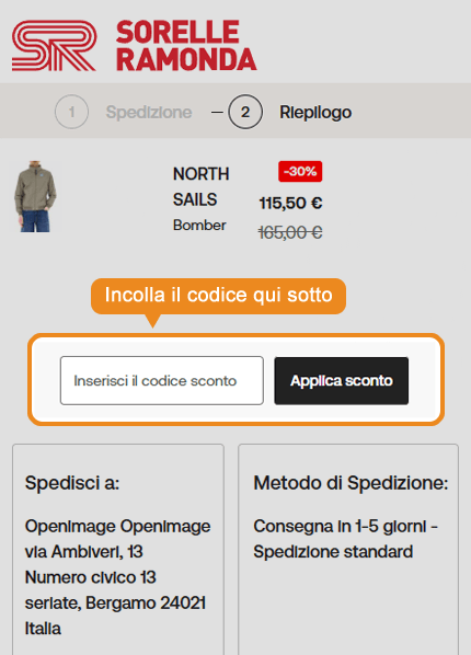 Dove inserire il codice sconto Sorelle Ramonda