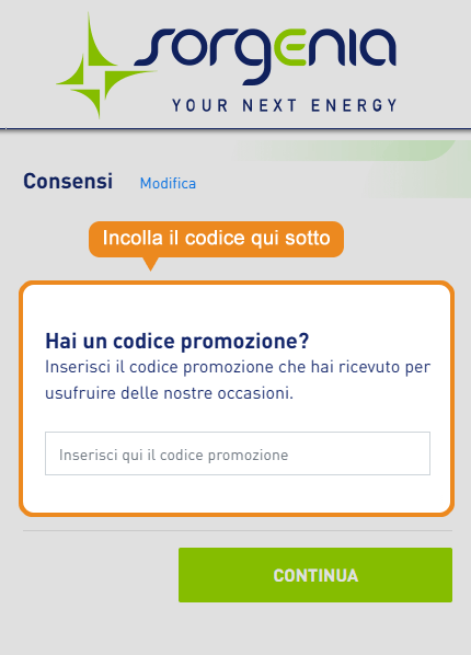 Dove inserire il codice sconto Sorgenia
