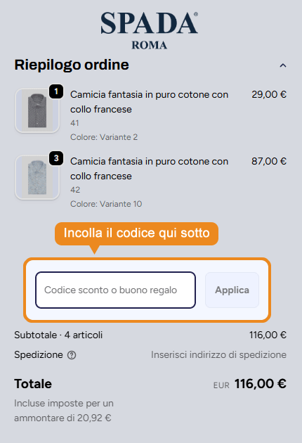 Dove inserire il codice sconto Spada Roma