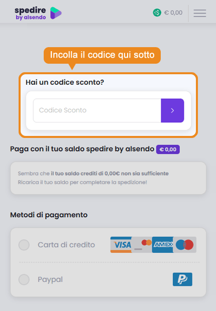 Dove inserire il codice sconto Spedire.com