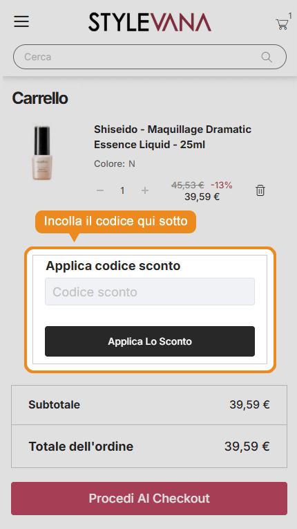 Dove inserire il codice sconto Stylevana