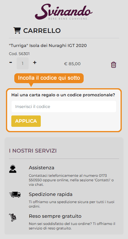 Dove inserire il codice sconto Svinando