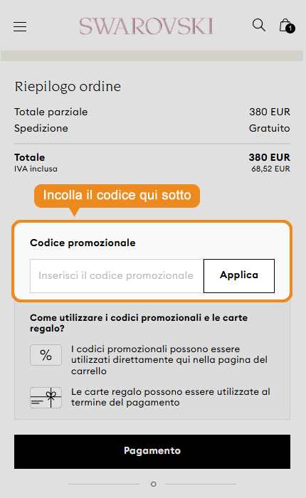 Dove inserire il codice sconto Swarovski