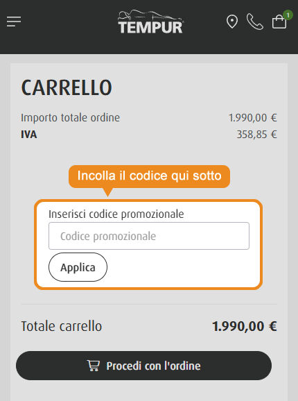 Dove inserire il codice sconto Tempur