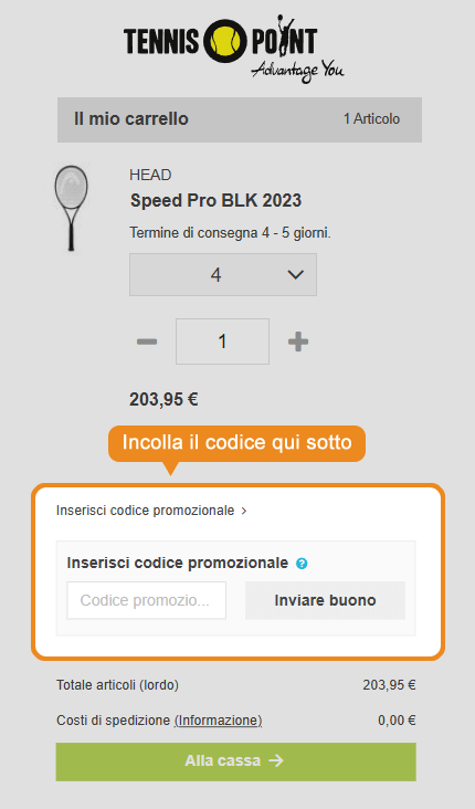 Dove inserire il codice sconto Tennis Point