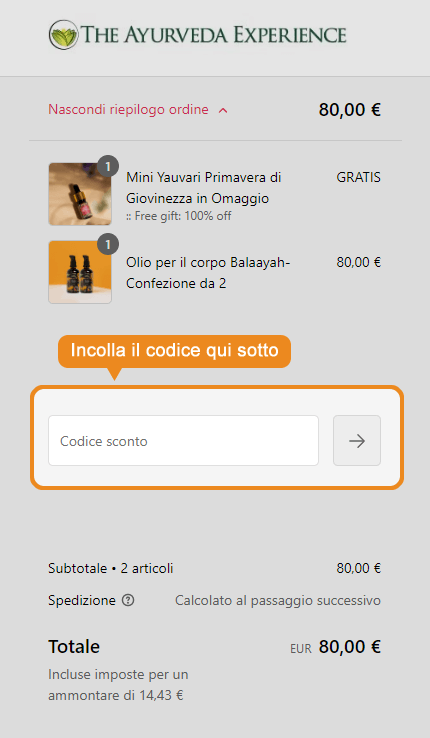 Dove inserire il codice sconto The Ayurveda Experience