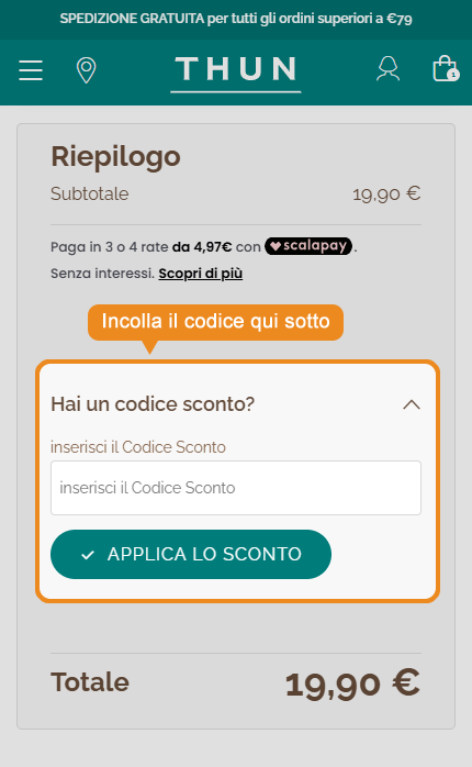 Dove inserire il codice sconto Thun