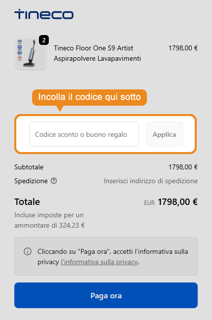 Dove inserire il codice sconto Tineco
