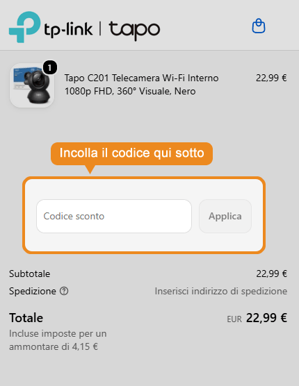 Dove inserire il codice sconto TP-Link Tapo