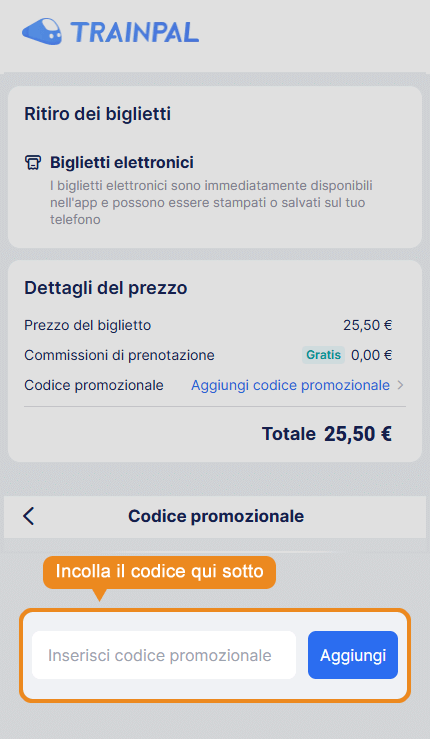 Dove inserire il codice sconto TrainPal