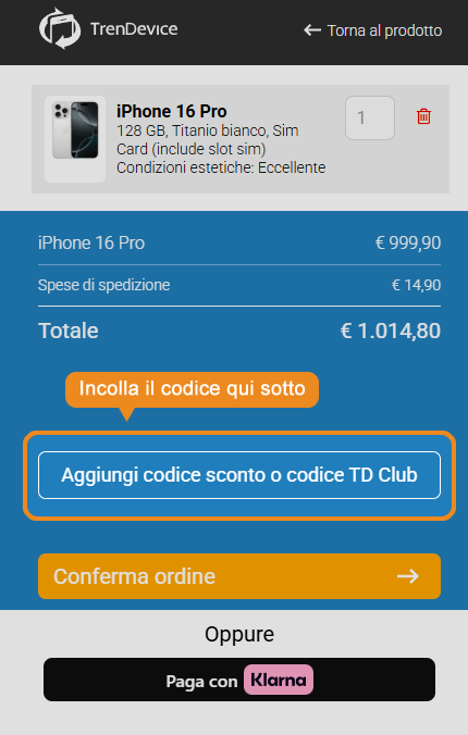 Dove inserire il codice sconto TrenDevice