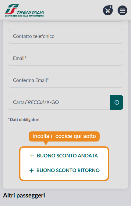 Dove inserire il codice sconto Trenitalia