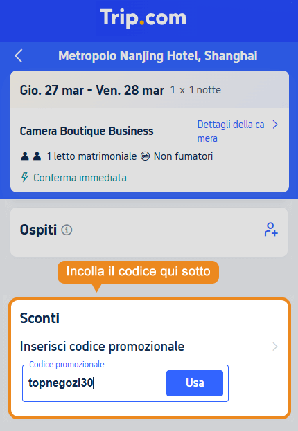 Dove inserire il codice sconto Trip.com