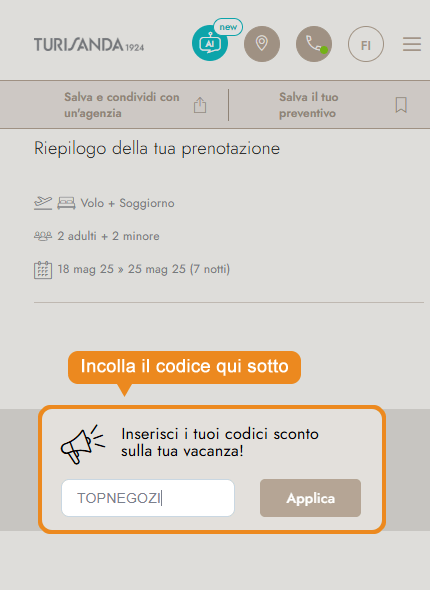Dove inserire il codice sconto Turisanda