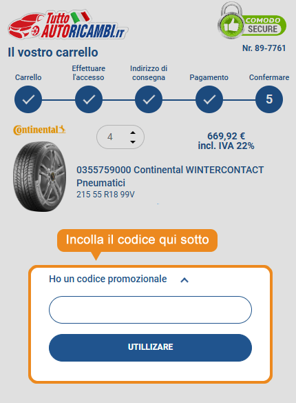 Dove inserire il codice sconto Tuttoautoricambi