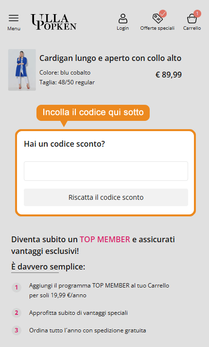 Dove inserire il codice sconto Ulla Popken