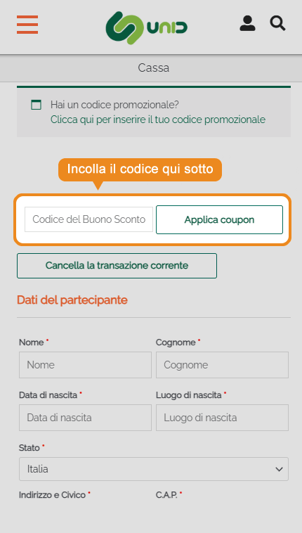 Dove inserire il codice sconto UniD Formazione
