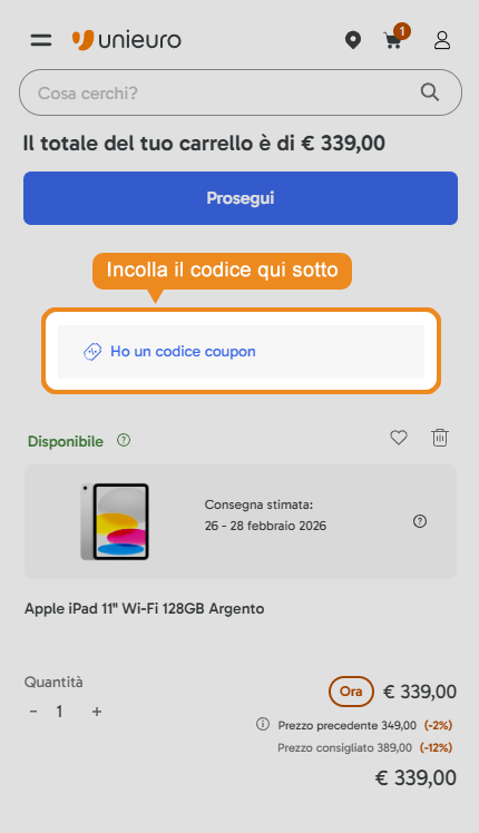 Dove inserire il codice sconto Unieuro