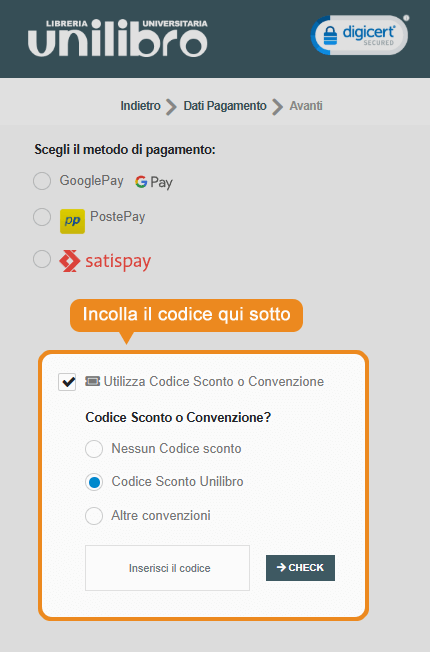 Dove inserire il codice sconto Unilibro