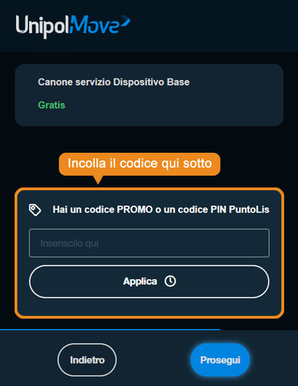Dove inserire il codice sconto UnipolMove