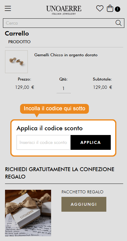 Dove inserire il codice sconto UNOAERRE