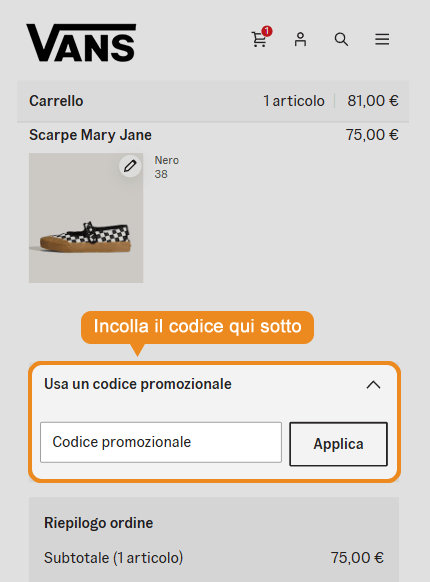 Dove inserire il codice sconto Vans