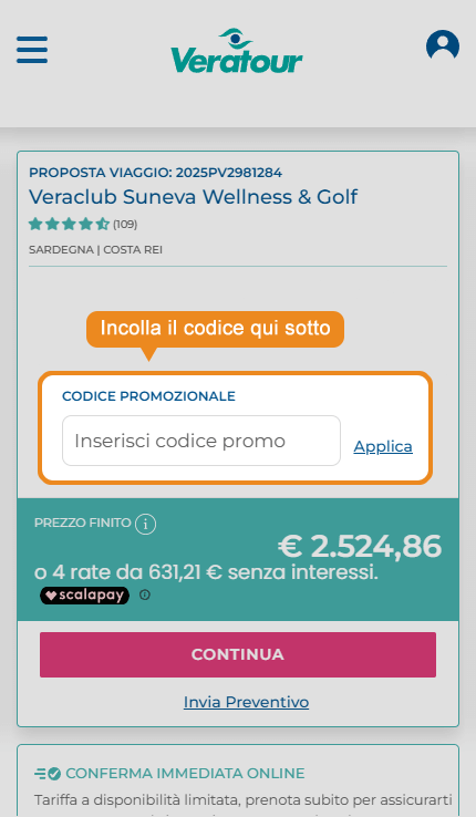 Dove inserire il codice sconto Veratour