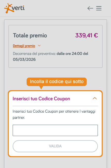 Dove inserire il codice sconto Verti