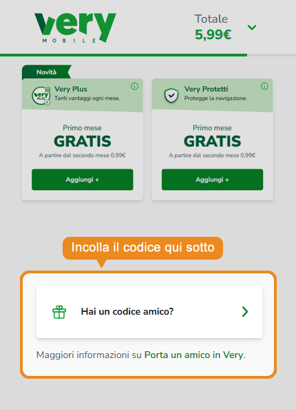 Dove inserire il codice sconto Very Mobile