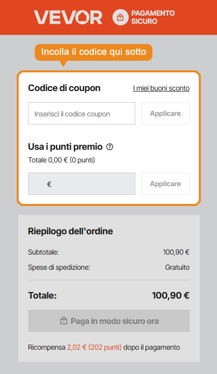 Dove inserire il codice sconto Vevor
