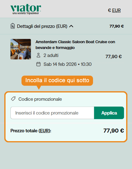 Dove inserire il codice sconto Viator