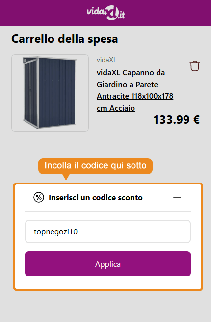 Dove inserire il codice sconto VidaXL