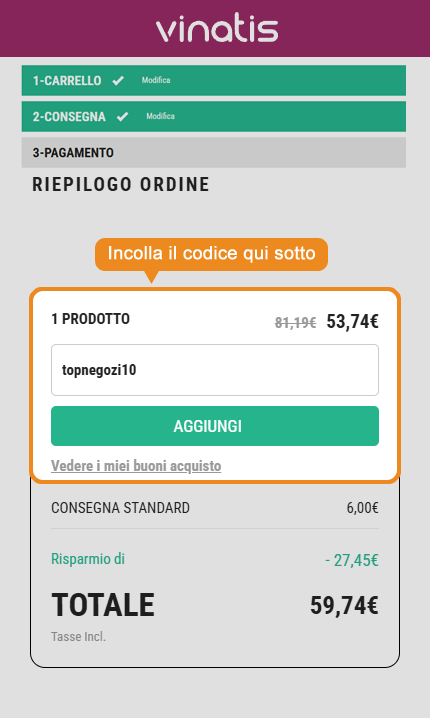 Dove inserire il codice sconto Vinatis