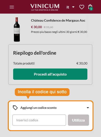 Dove inserire il codice sconto Vinicum