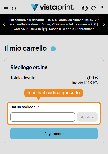 Dove inserire il codice sconto Vistaprint