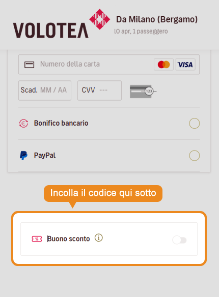 Dove inserire il codice sconto Volotea
