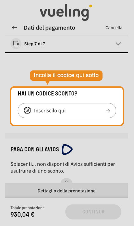 Dove inserire il codice sconto Vueling