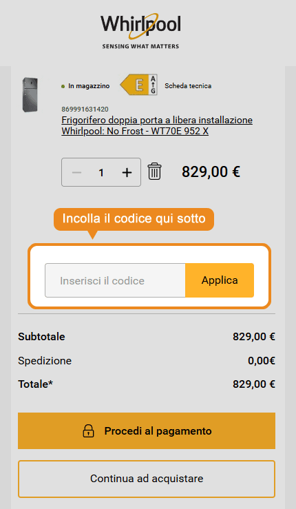 Dove inserire il codice sconto Whirlpool