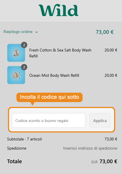 Dove inserire il codice sconto Wild