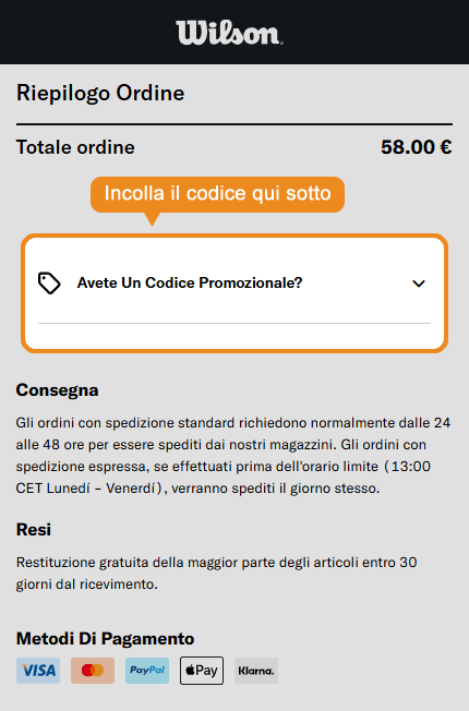 Dove inserire il codice sconto Wilson