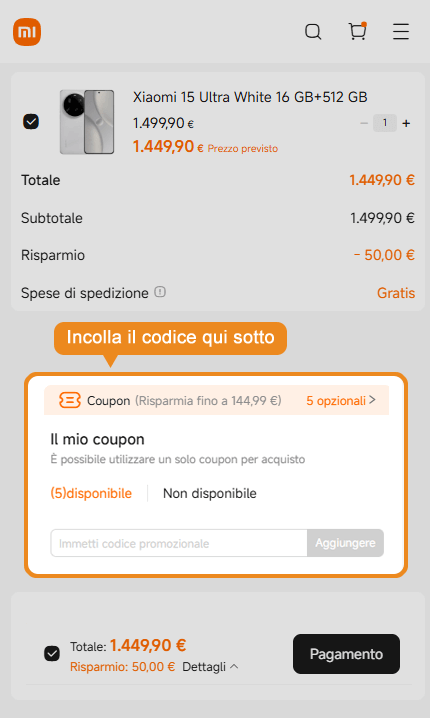 Dove inserire il codice sconto Xiaomi