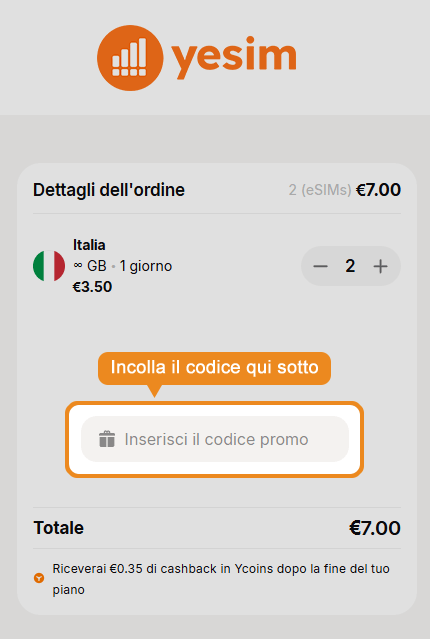 Dove inserire il codice sconto Yesim