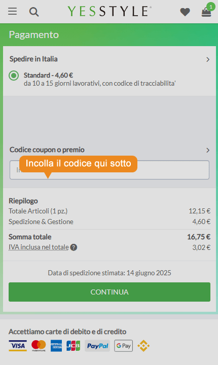 Dove inserire il codice sconto YesStyle